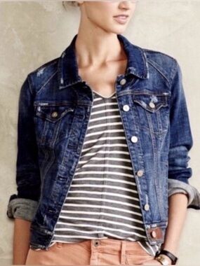 Pilcro Anthropologie Denim Jacket Medium Fitted Stretch Jean Jacket Classic Blue